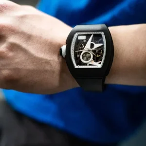 Men’s Fluorine Rubber Mechanical Watches Barrel shaped Openwork Design with Crystal Glass and Luminous Hands