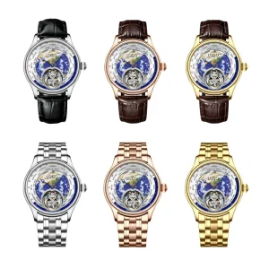 Men’s Flying Tourbillon Watch Fashion Blue Earth Automatic Mechanical Watch for Men Custom Logo