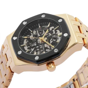 Men’s Fully Automatic Analog Stainless Steel Watch with Hollow Dial 22mm Band Width Round Alloy Case Power Reserve Alarm Feature