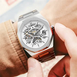 Men’s Fully Automatic Mechanical Charm Analog Skeleton Dial Watch 41mm Alloy Case Glass Dial Stainless Steel Band Business Use