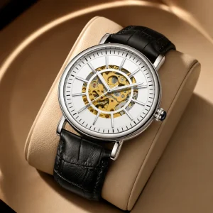 Men’s Fully Automatic Mechanical Watch 45mm Tourbillon Skeleton Waterproof Genuine Leather Strap Business Metal Pointer