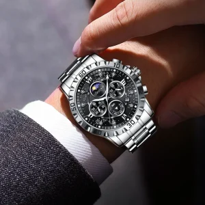 Men’s Fully Automatic Non-mechanical Watch Steel Band Business Water-resistant Quartz Wristwatch