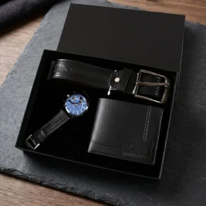 Men’s Gift Set Leather Belt Wallet and Blue Dial Quartz Watch 3-in-1 Business Gift Box for Father