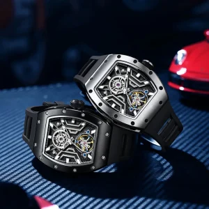 Men’s Glass Stainless Steel Silicone Band Analog Mechanical Automatic Watch 42mm Casual Skeleton