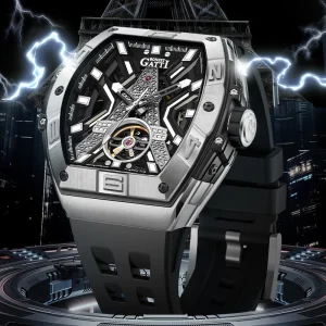 Mens Gold Automatic Mechanical Watch 316L Steel Sapphire Crystal Fluoro Rubber Strap 50M Waterproof