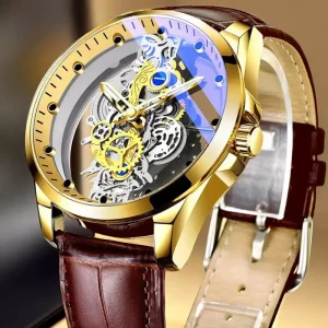 Men’s Gold Skeleton Design Quartz Wrist Watch Manufacturer Reloj Hombre