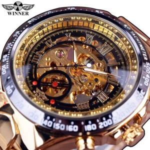 Men’s Gold Skeleton Mechanical Automatic Wristwatch, Stainless Steel, Retro Fashion