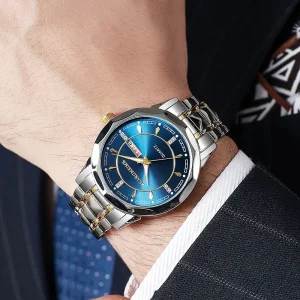 Mens High End Business Style Quartz Wristwatch Luminous Waterproof Dual Calendar Sapphire Crystal Dial 42mm Steel Band Watch