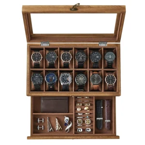 Men’s Jewelry Organizer Wood Watch Box Glass Cover for Sunglasses Rings Bracelets Gift Storage Case Handcrafted Crafts