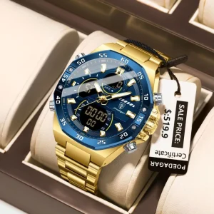 Men’s LED Digital Display Wristwatch Luminous Waterproof Stainless Steel Quartz Watch with Oval Case