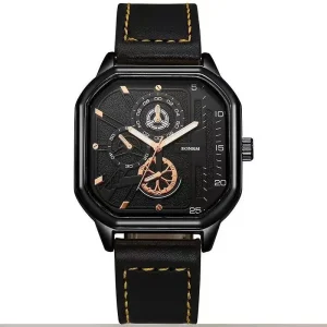 Men’s Large Dial Square Quartz Watch Trendy Sports Fashion Watch with Leather Band for Students