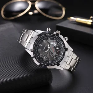 Men’s Large Dial Watch, Stainless Steel Band, Chronograph Quartz Wristwatch with Date