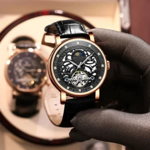 Men’s Leather Automatic Skeleton Watch with Luminous Dial