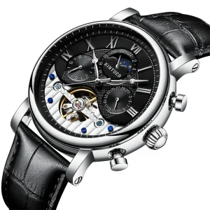 Men’s Leather Strap Mechanical Automatic Watch, Waterproof, Multifunctional