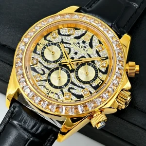 Men’s Luxury Business Mechanical Stainless Steel Leather Strap Wristwatch Six-hand Tiger-patterned Waterproof Luminous
