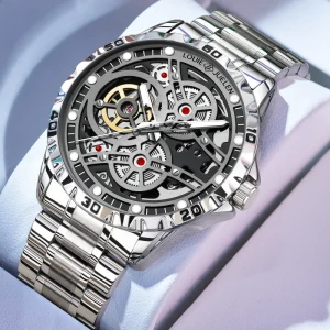 Men’s Luxury Business Mechanical Wrist Watch L-9663 45mm Alloy Case Stainless Steel Band Butterfly Clasp 3BAR
