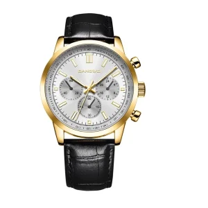 Mens Luxury Business Quartz Watch Chronograph Multifunction 43mm Leather Strap Waterproof