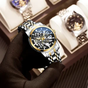Men’s Luxury Business Style Skeleton Mechanical Watch with Stainless Steel Strap Waterproof Automatic Wristwatch