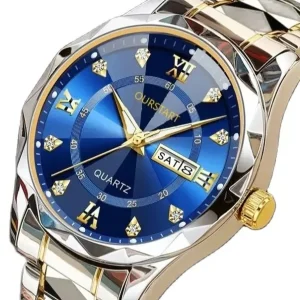 Men’s Luxury Calendar Quartz Watch Full Stainless Steel Casual Gold Blue Wristwatch