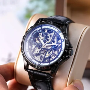 Men’s Luxury Casual Business Skeleton Automatic Watch with Genuine Leather Strap Waterproof Mechanical Wristwatch