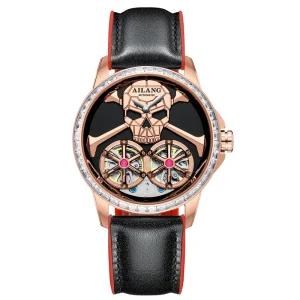 Men’s Luxury Diamond Double Tourbillon Mechanical Watch Stainless Steel Case Skull Design Waterproof