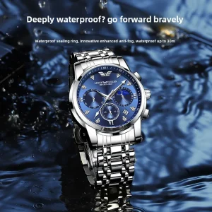 Men’s Luxury Fashion Quartz Alloy Stainless Steel Luminous Pointer Dial Calendar Moon Phase Watch