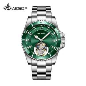 Men’s Luxury Mechanical Watch Steel Green Dial Elegant Business Tourbillon Movement