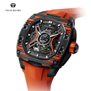 Men’s Luxury Miyota Carbon Fiber Square Sapphire Crystal Wristwatch Automatic Mechanical 5BAR Water Resistant Analog Dial Rubber