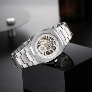 Men’s Luxury Quartz Watch with Skeleton Butterfly Clasp Fashionable 20mm Alloy Stainless Steel Band for Foreign Trade