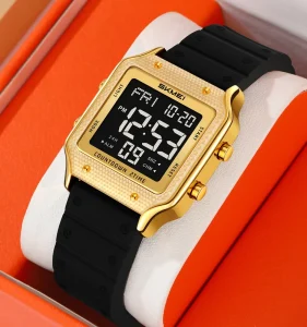 Men’s Luxury SKMEI 2526 Square Digital LED Display Chronograph Watch Alarm Water Resistant 3BAR Silicone Band