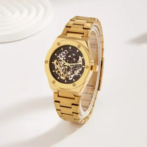 Men’s Luxury Skeleton Watch with Stainless Steel Round Case Alloy Case Automatic Business Dial Window Glass 22mm Band Width