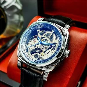 Men’s Luxury Sports Business Luminous Skeleton Mechanical Watch with Genuine Leather Strap High-Quality Automatic Wristwatch