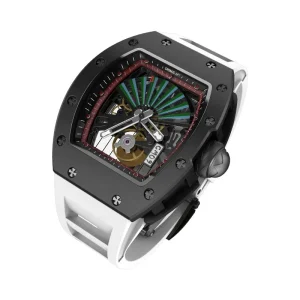 Men’s Luxury Sports Mechanical Watches Unique Fan-shaped Design Tonneau Carbon Case Transparent Luminous Dial