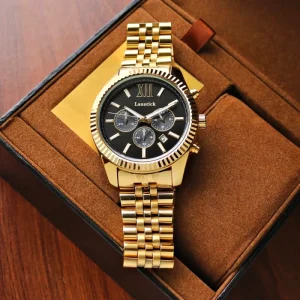 Men’s Luxury Stainless Steel Watch 45MM Multifunction Big Dial 30m Waterproof Gold