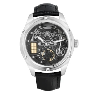 Men Skeleton Mechanical Watch Black Leather Strap Mechanical Movement Stainless Steel Wristwatch for Gift