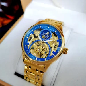 Men’s Luxury Trendy Sports Skeleton Mechanical Watch with Stainless Steel Strap High Quality Luminous Waterproof Automatic Watch