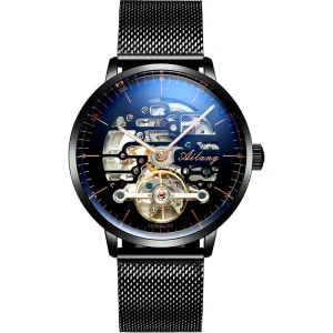Men’s Mechanical Analog Casual Watch Retro Tourbillon Waterproof Stainless Steel Leather Strap Luxury Hip Hop Fashion 43mm Auto