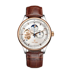 Mens Mechanical Analog Watch 42mm Stainless Steel Case Leather Strap Automatic Water Resistant 30m Sports Leisure Hollow Design