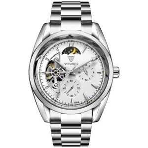 Men’s Mechanical Automatic Tourbillon Glass Water Resistant Metal Wristwatch Luminous Hands Lunar Phase Timing Stopwatch
