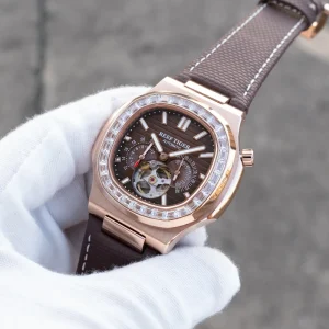 Men’s Mechanical Automatic Watch Luminous Square Diamond Bezel Brown Dial Waterproof Leather Strap