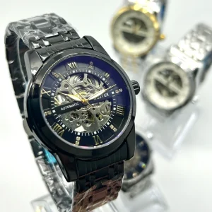 Men’s Mechanical Automatic Watch with 22mm Leather Stainless Steel Strap Waterproof Luminous with Power Reserve Feature