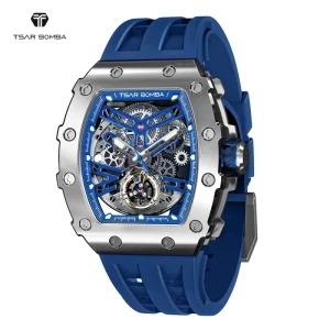 Men’s Mechanical Automatic Water Resistant Analog Tonneau Sapphire Crystal Skeleton Luxury Fashion Watch