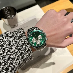 Men’s Mechanical Quartz Chronograph Watch Stainless Steel Case Acrylic Band Luminous 50m Water Resistant