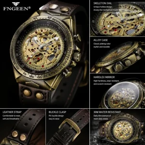 Men’s Mechanical Self Wind Watch Vintage Design Leather Band Luminous Hands Waterproof Daily Use