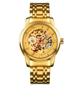 Men’s Mechanical Watch Business Style Golden Stainless Steel Water Resistant Hollow Automatic Analog