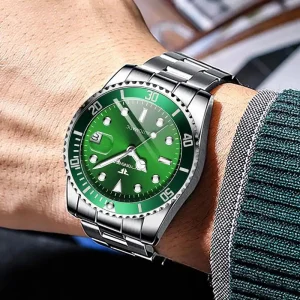 Men’s Mechanical Watch Green Sunray Dial Date Display Self Winding Luminous 20mm Nylon Stainless Steel Band Power Reserve