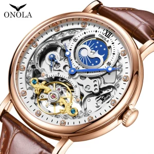 Mens Mechanical Watch Hollow Skeleton Automatic Moon Phase Waterproof 6836