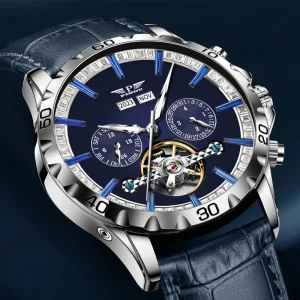Men’s Mechanical Watch Luminous Tourbillon Leather Three Eyes Six Needle Fashionable Stainless Steel Diver