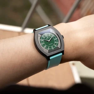 Men’s Mechanical Watch Titanium Black Case Skeletonized Numeric Dial Blue Rubber Strap