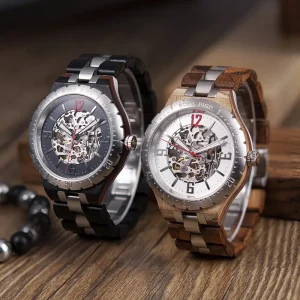Men’s Mechanical Wooden Automatic Watch with Luminous Display Quartz Movement Alarm Pointer Dial OEM Logo Dress Band
